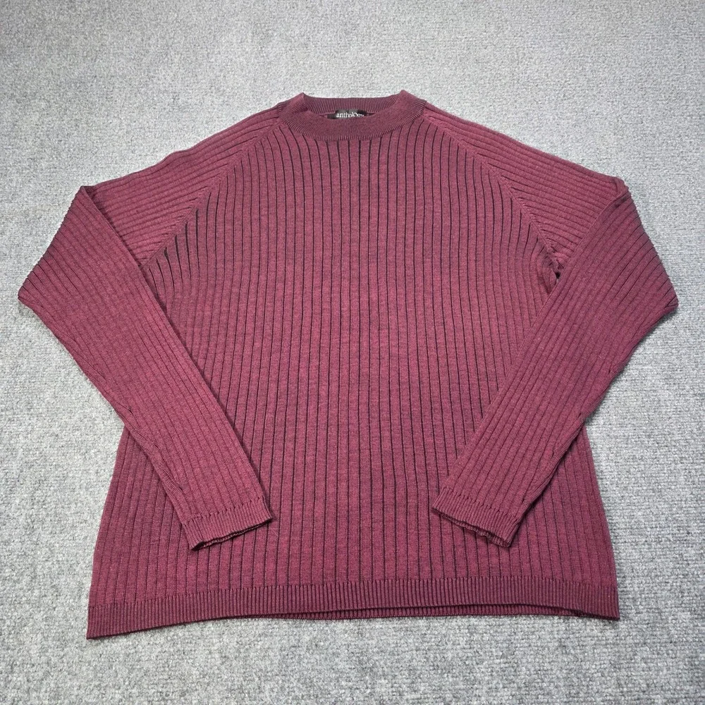 Anthology Mens Ribbed Knit Silk Wool‎ Blend Crew Neck Sweater Burgundy XL